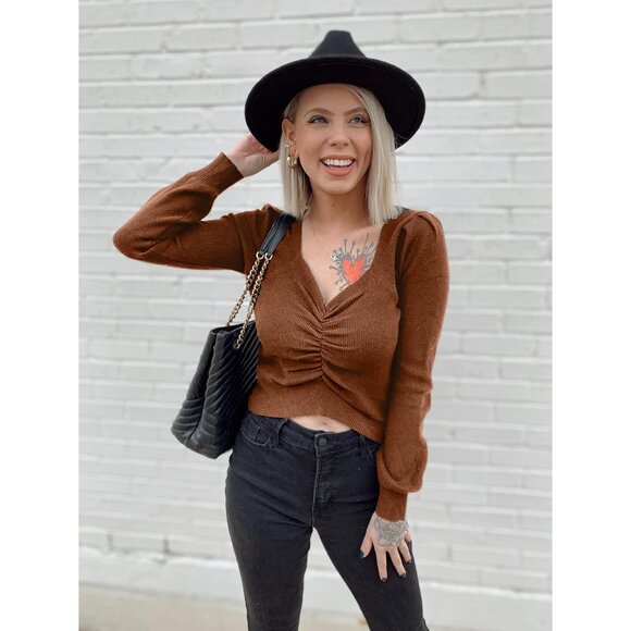 Long Sleeve Cropped Sweater Women Off Shoulder V Neck Ruched Ribbed Knit - Picture 5 of 5